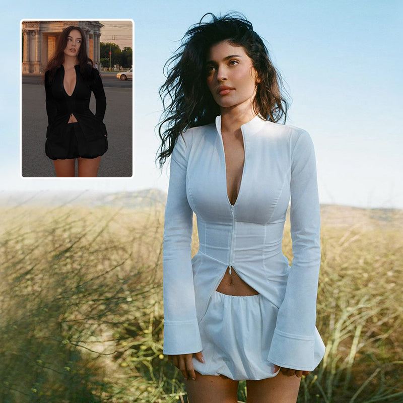 V Neck Zipper Top And Mini Skirt Set