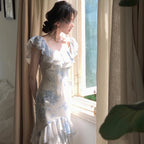 Floral Ruffle Dress With High Waist And Fishtail Skirt In Beige Blue Flower Print