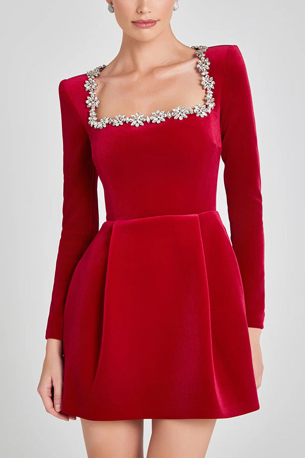 Elegant Square Neck Long Sleeve Dress With Floral Embellishments