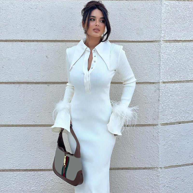 Chic Polo Collar Long Dress In White For Everyday Elegance