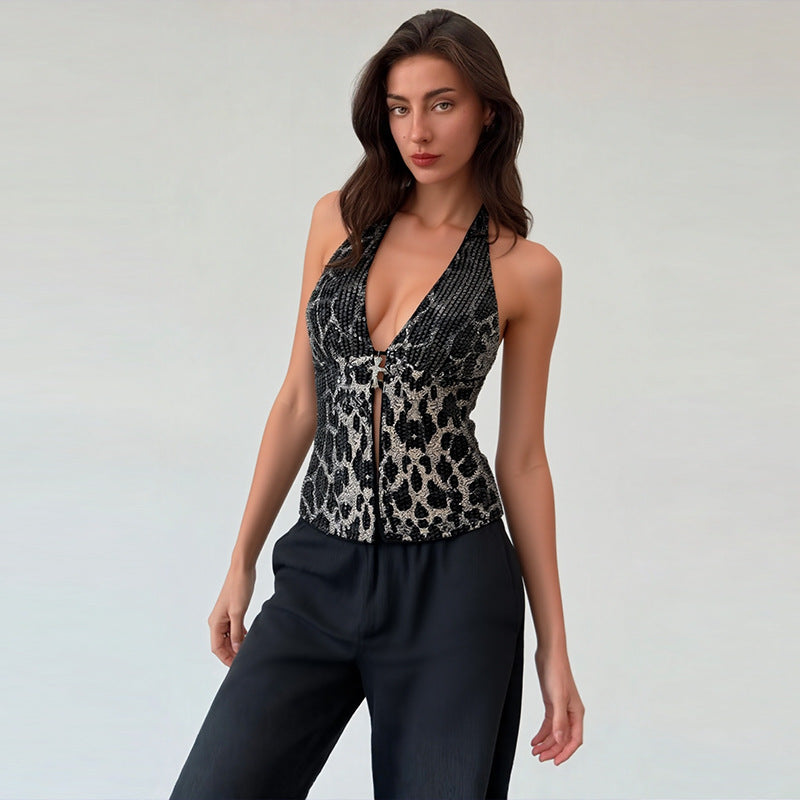 Leopard Print Sleeveless Halter Vest For Women In Chic Silhouette