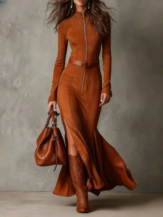 Cowboy Fashion Retro Slim Zipper Elegant Split Long-sleeved Dress