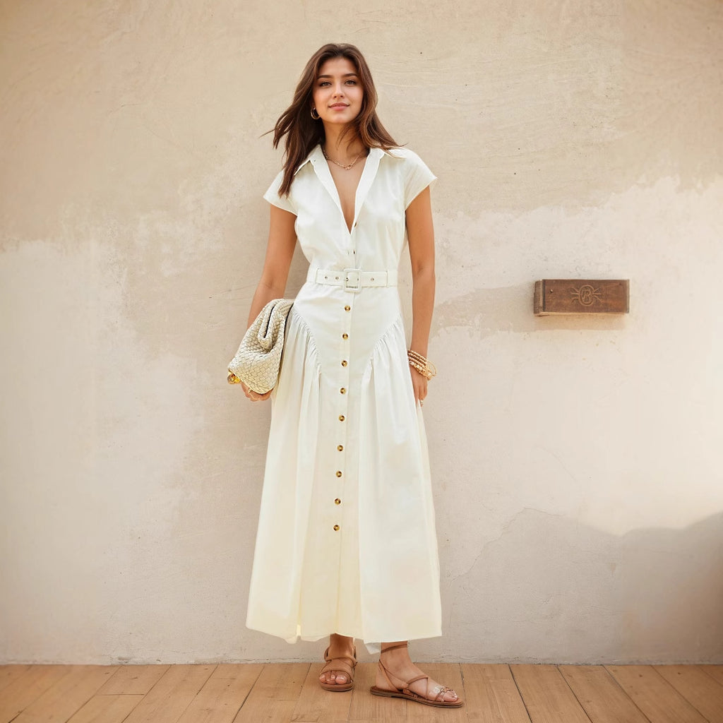 Elegant Maxi Dress With High Waist Button Detailing A Line