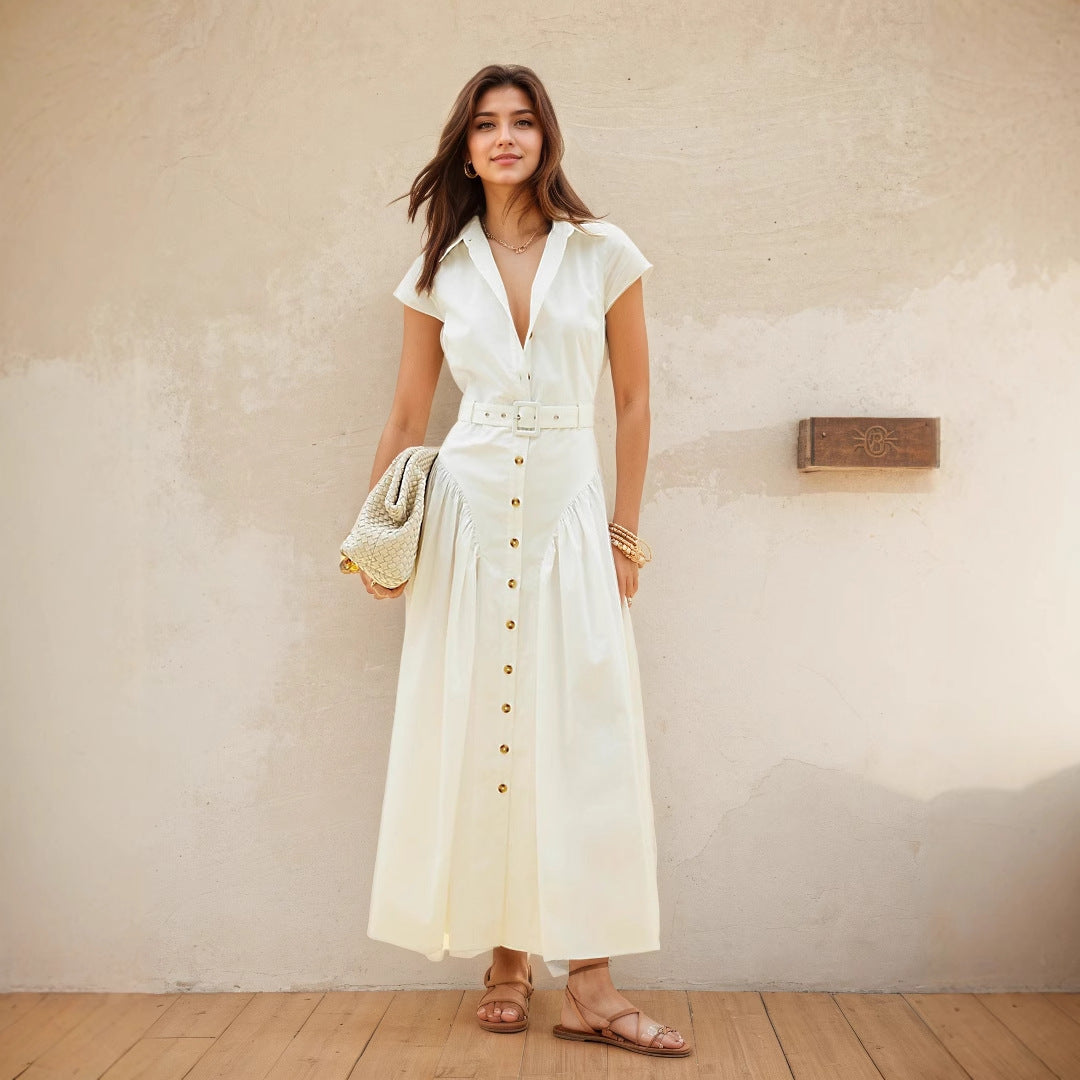 Elegant Maxi Dress With High Waist Button Detailing A Line