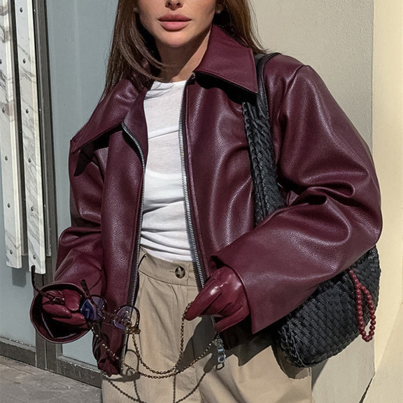 Elevated Casual Faux Leather Jacket With Lapel Zipper For Women