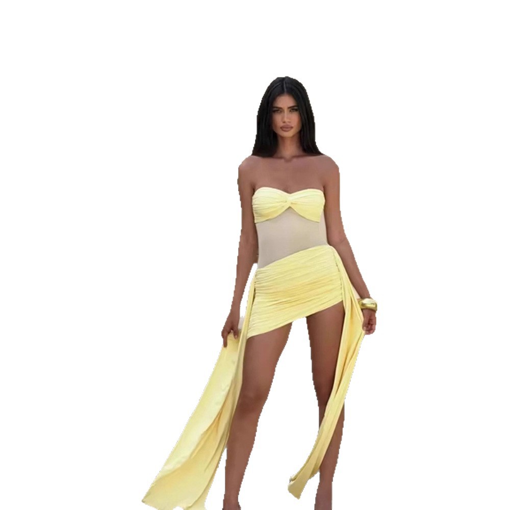 Vibrant Mesh Stitch Tube Top Dress With High Waist Hip Skirt Silhouette
