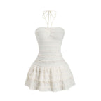 Halterneck White Dress With High Waist And Flared Bell Skirt