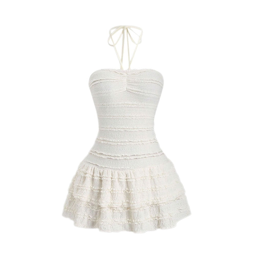 Halterneck White Dress With High Waist And Flared Bell Skirt