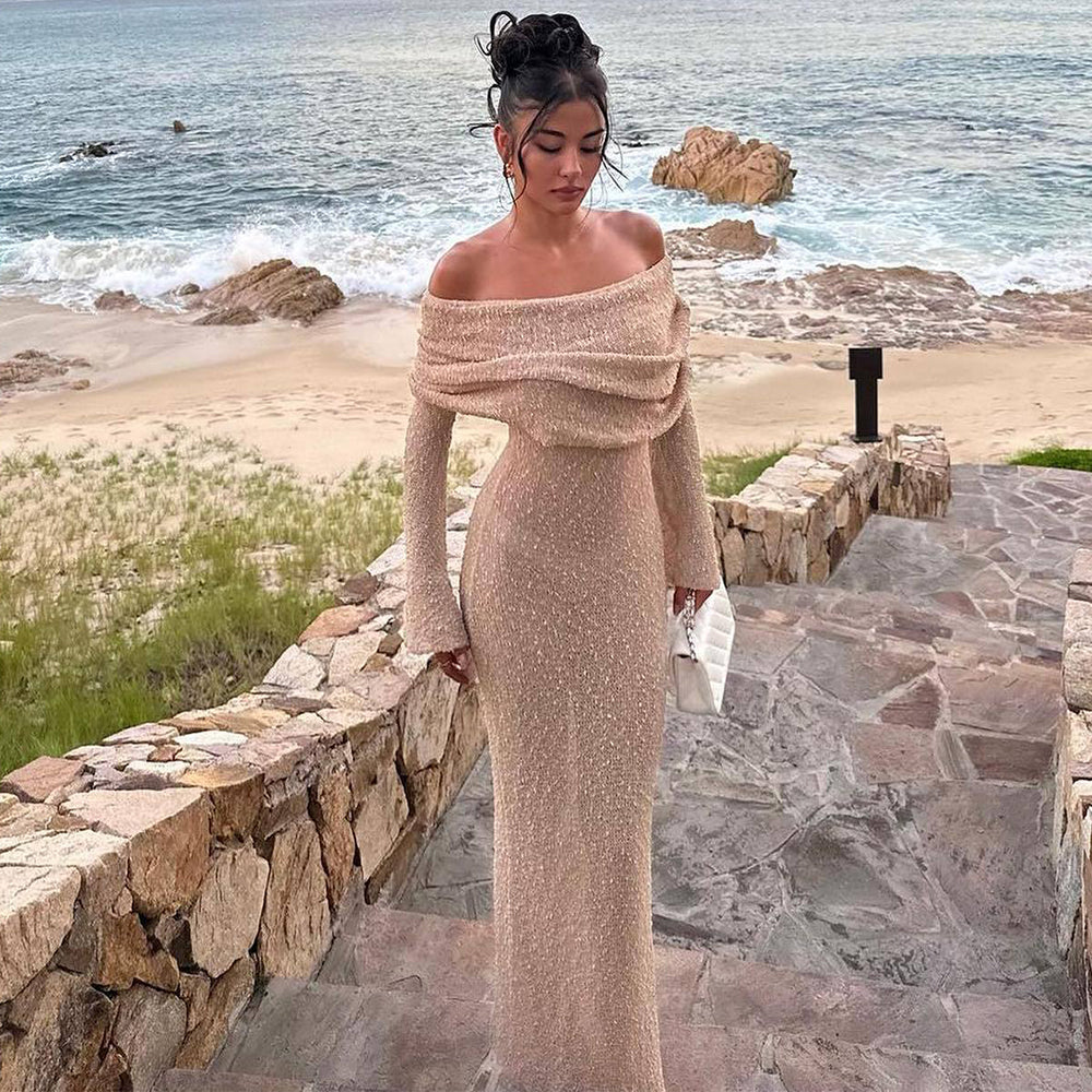 One-Shoulder Knitted Long-Sleeve Cotton Maxi Dress