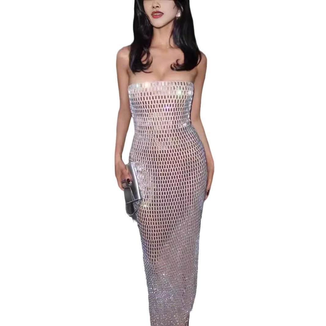 Elegant Banquet Evening Gown With Tube Top And Sleek Tight Skirt In Solid Colors