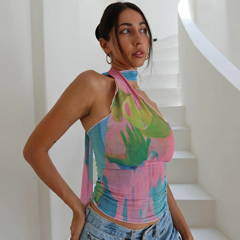 Colorful Halter Backless Top With 3D Printed Pattern
