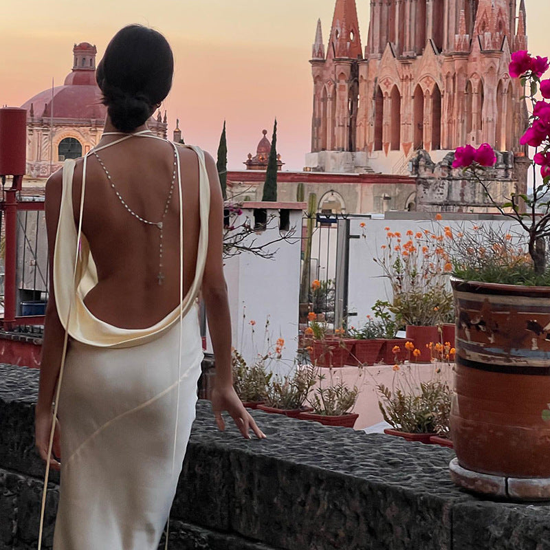 Apricot Backless Suspender Dress Slim Fit With High Waist