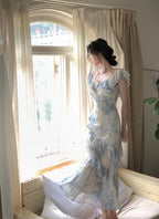 Floral Ruffle Dress With High Waist And Fishtail Skirt In Beige Blue Flower Print