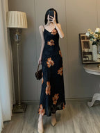 Sunlit Summer Vintage Floral Suspender Dress With V Neck And High Waist For Retro Charm