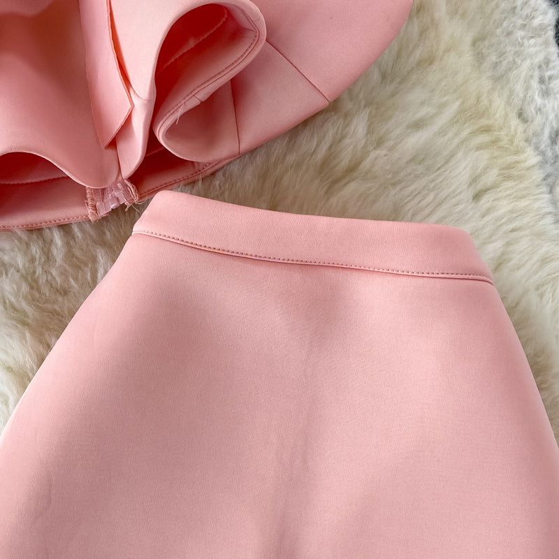 Flirty Two Piece Ruffled Short Top And Skirt Set