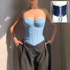 Denim Tube Vest Top With Back Tie Cropped Corset Tank