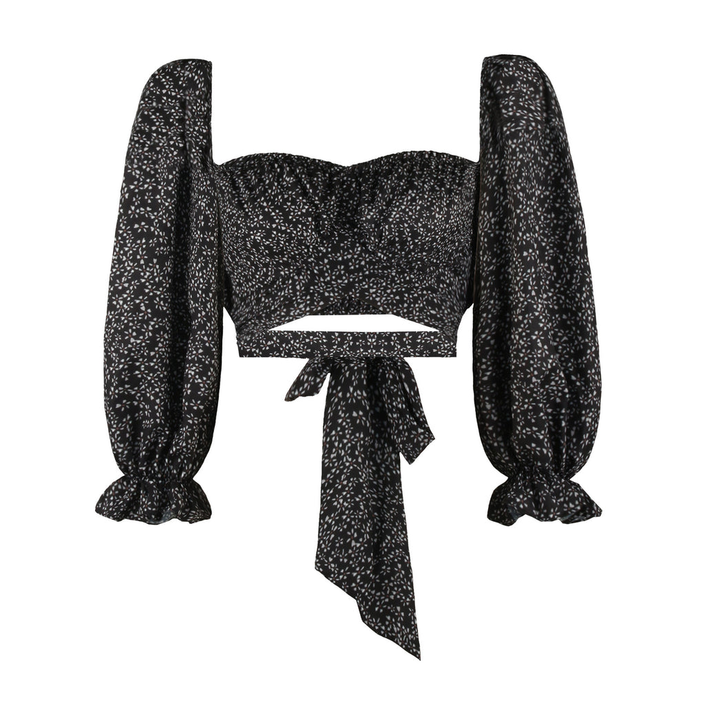 Square Neck Long Sleeve Street Style Top With Tie Print And Three Dimensional Pattern