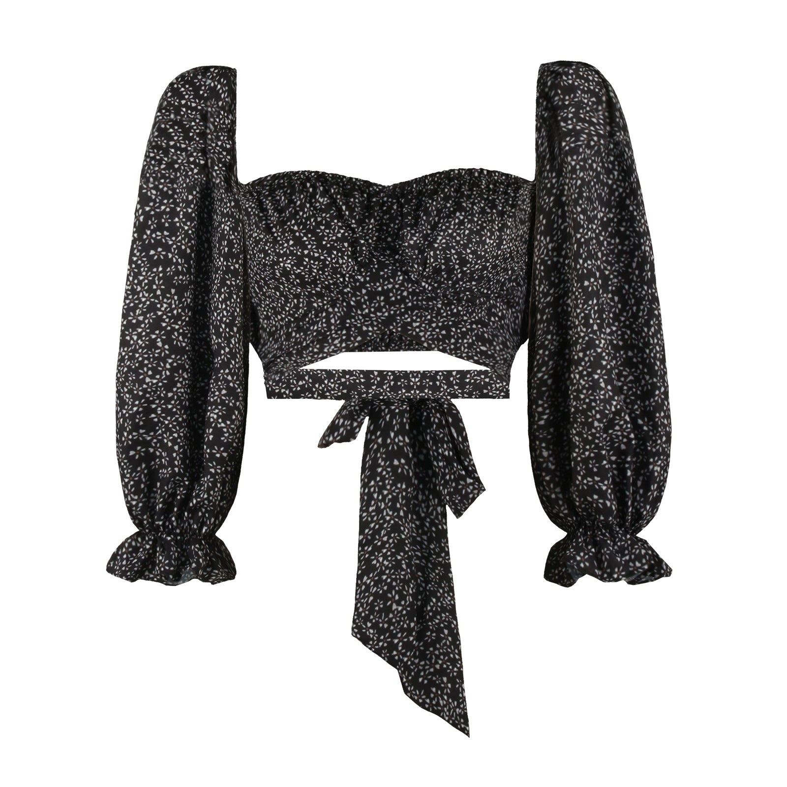 Square Neck Long Sleeve Street Style Top With Tie Print And Three Dimensional Pattern