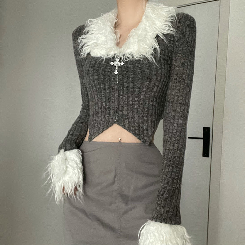 Chic Cropped Zipper Long Sleeve Top In Grey With Sculpted Slim Fit
