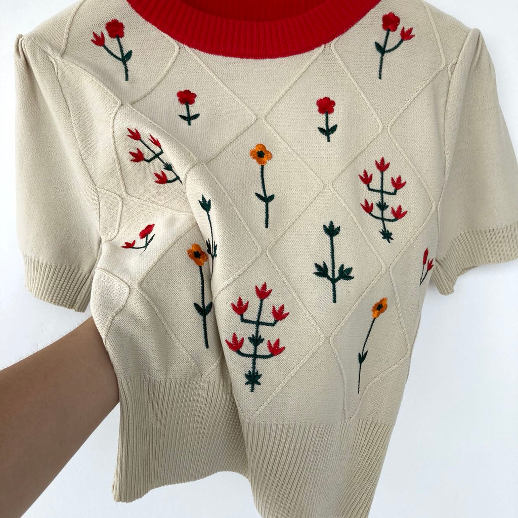 Apricot Floral Embroidered Cotton Knit Top