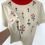 Apricot Floral Embroidered Cotton Knit Top