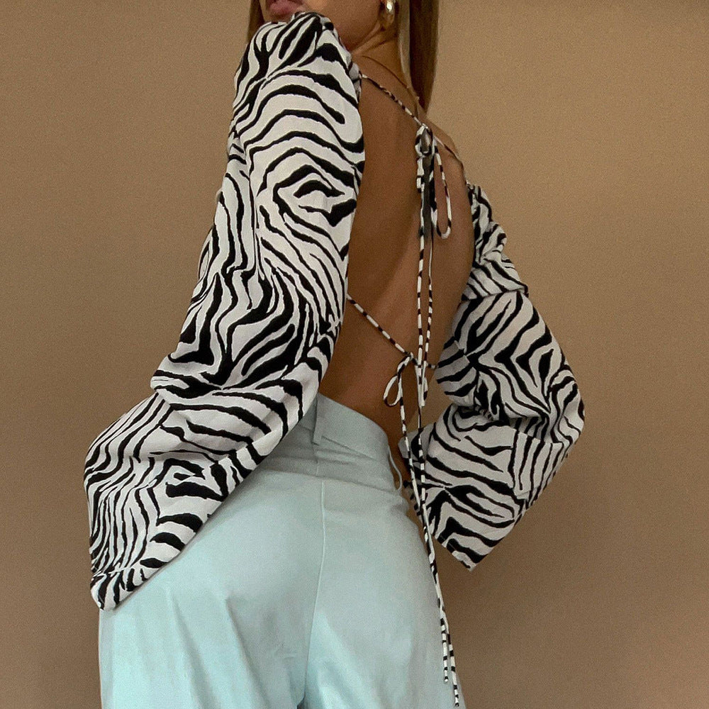 Printed Long Sleeve Top With Back Lace Up Detail