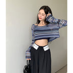 Elegant Striped Round Neck Hollow Knit Top