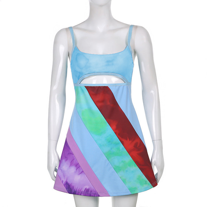 Y2K Aesthetic Patchwork Front Cut Out Stripe Spaghetti Strap Sexy Dress