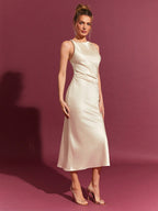 Apricot Satin High Waist Dress With Spaghetti Straps Sleeveless