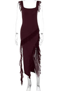 Ruffle Thigh High Split Suspender Dress With Spaghetti Straps