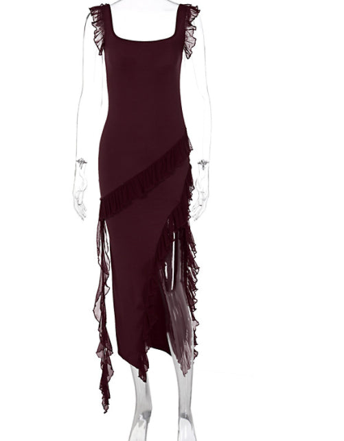 Ruffle Thigh High Split Suspender Dress With Spaghetti Straps