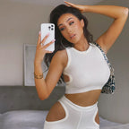 Sporty Two Piece Cutout Tank Top and Trousers Tracksuit in Milk Silk White Edition