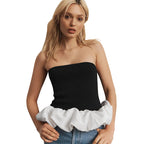 Chic Patchwork Bandeau Top With Ruffles Slim Fit Black