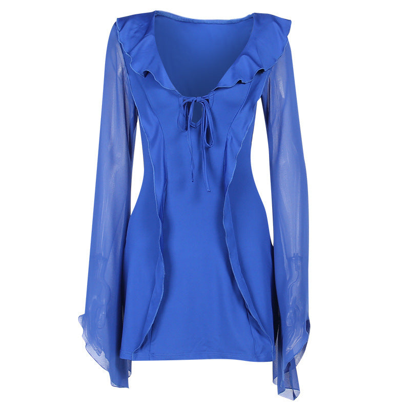 Women's Y2K Ruffled V-Neck Lace-Up Mini Dress
