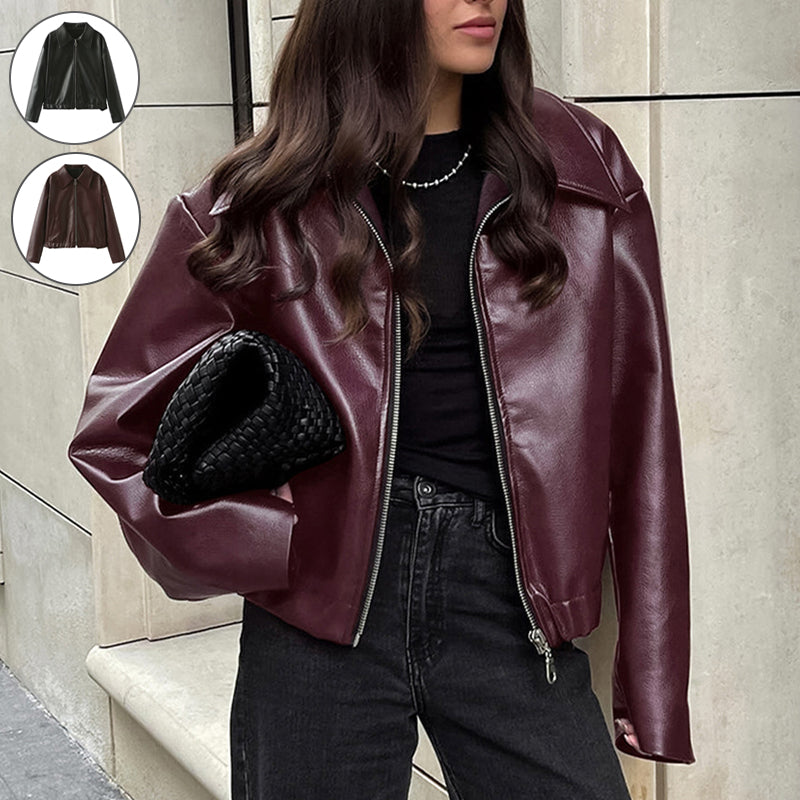 Elevated Casual Faux Leather Jacket With Lapel Zipper For Women