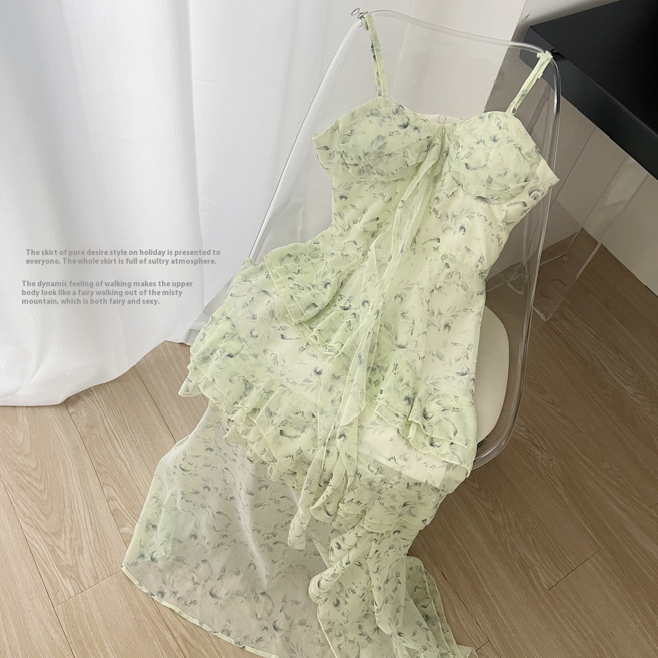 Malt Green Floral Chiffon Dress With Spaghetti Straps Flounced Midi Skirt Retro Art Vibe