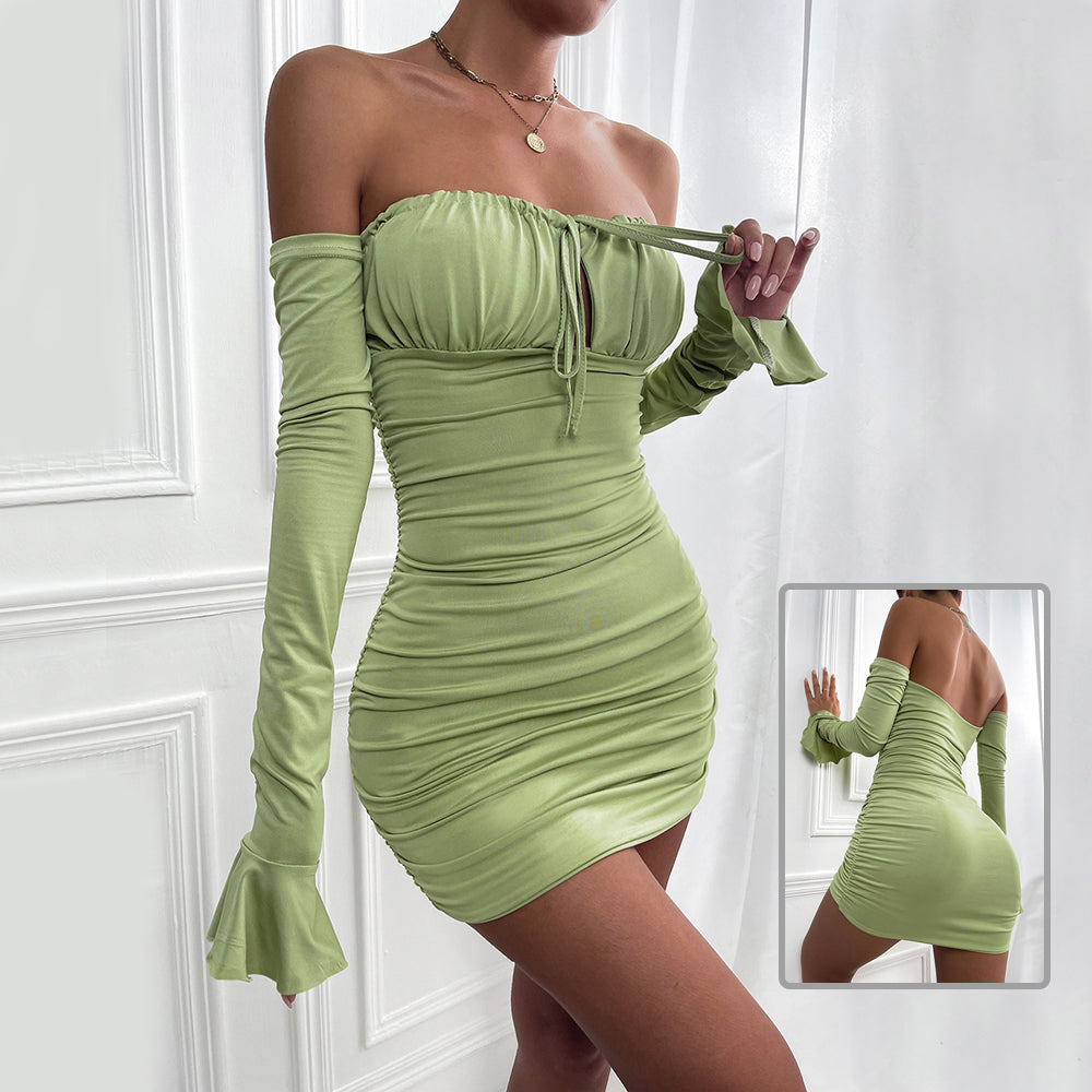 Fashion Slim Off-shoulder Long Sleeve Sexy Tie Pleated Short Dress