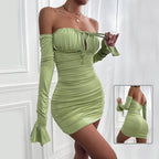 Fashion Slim Off-shoulder Long Sleeve Sexy Tie Pleated Short Dress