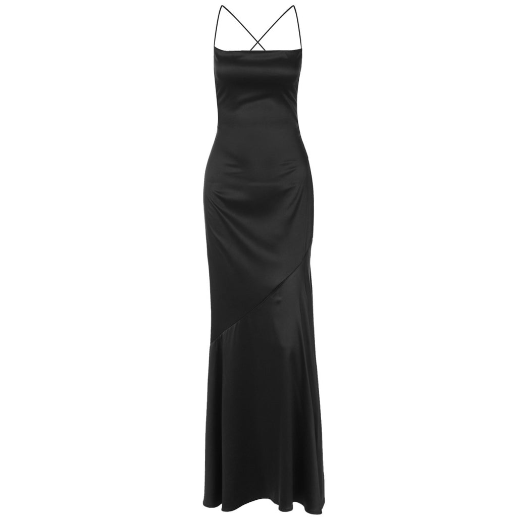 Chic Black Suspender Dress With Tied Waist Charm And Elegance