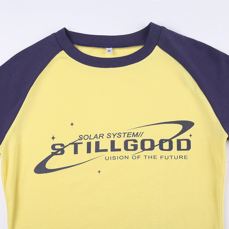 Contrasting Letter Print Raglan Top For Women In Cotton Knit Short Sleeve Style