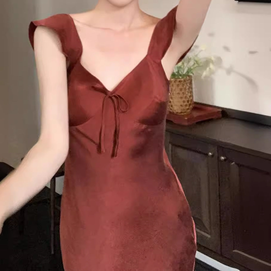 Graceful Sling Dress In Rust Red And Pearl Apricot