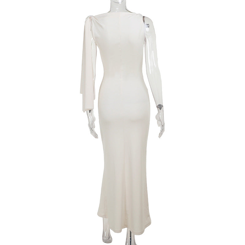 One-Shoulder Ribbon Long Dress Slim Fit Sleeveless Evening Party