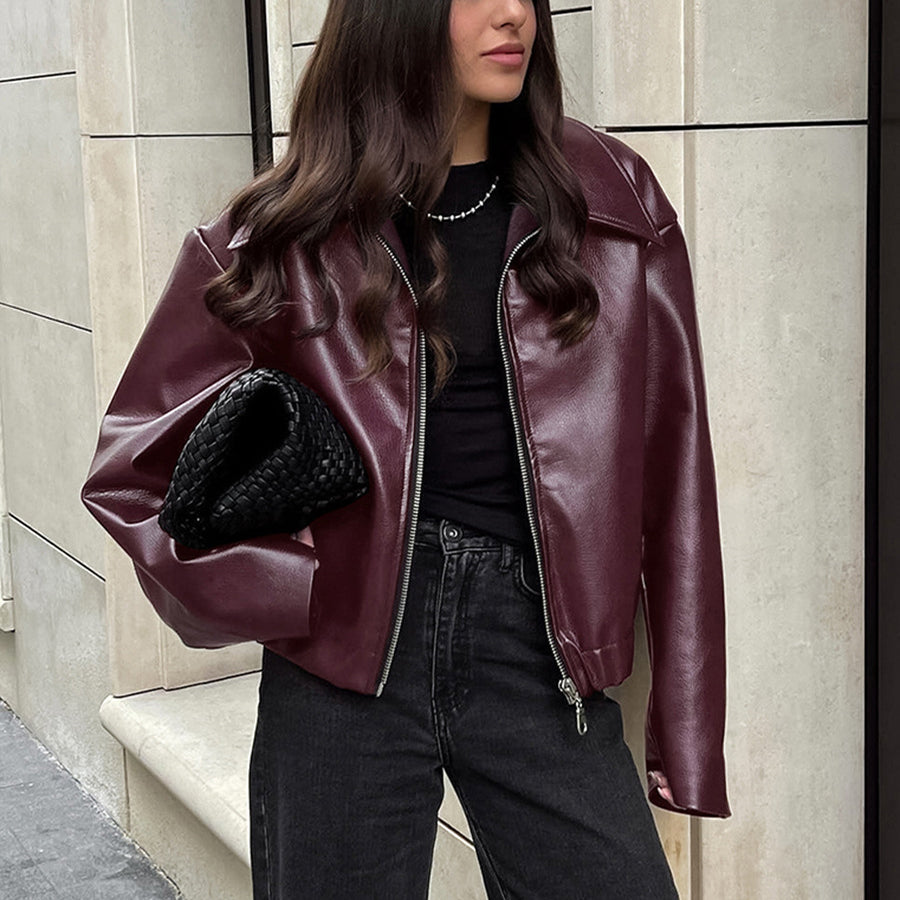 Elevated Casual Faux Leather Jacket With Lapel Zipper For Women
