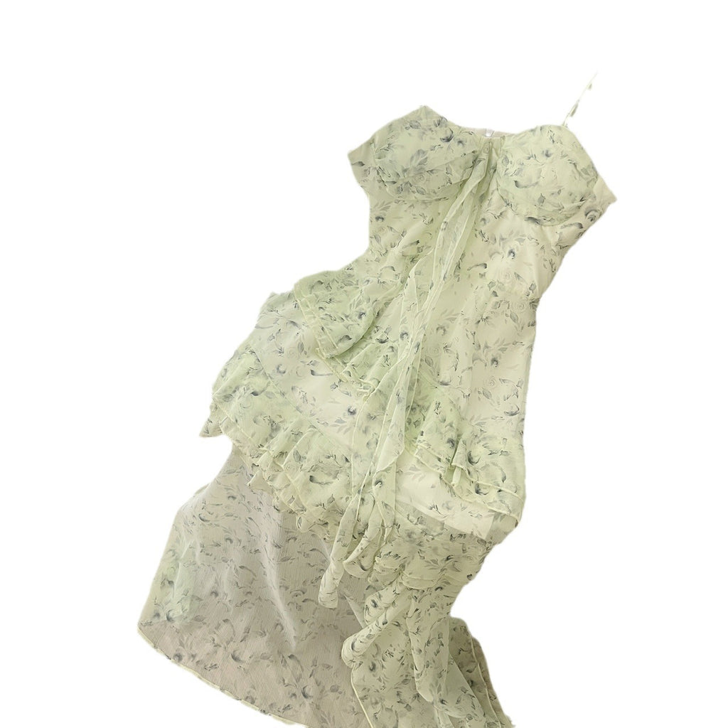 Malt Green Floral Chiffon Dress With Spaghetti Straps Flounced Midi Skirt Retro Art Vibe