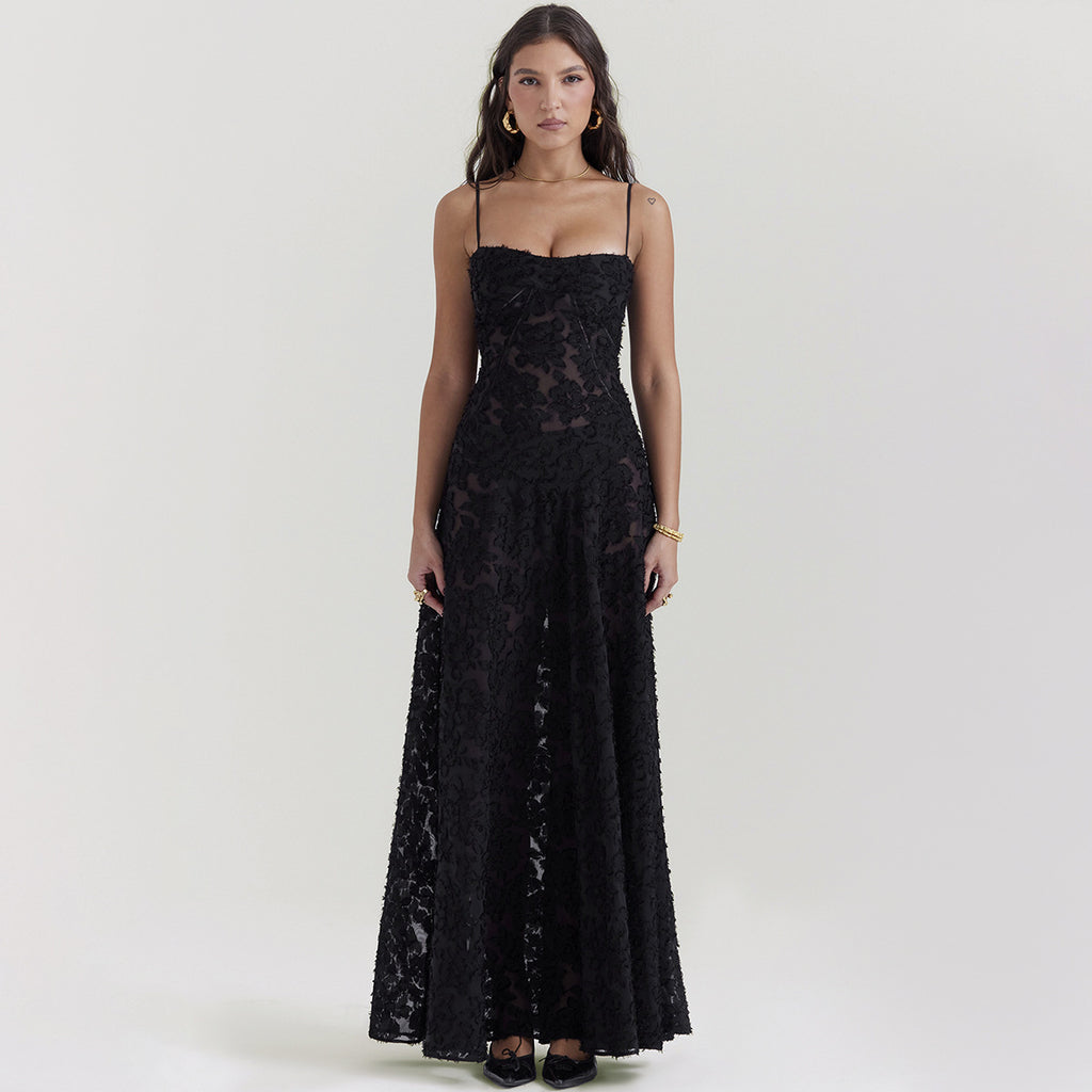 Suspender Lace Long Dress With Strapless Collar