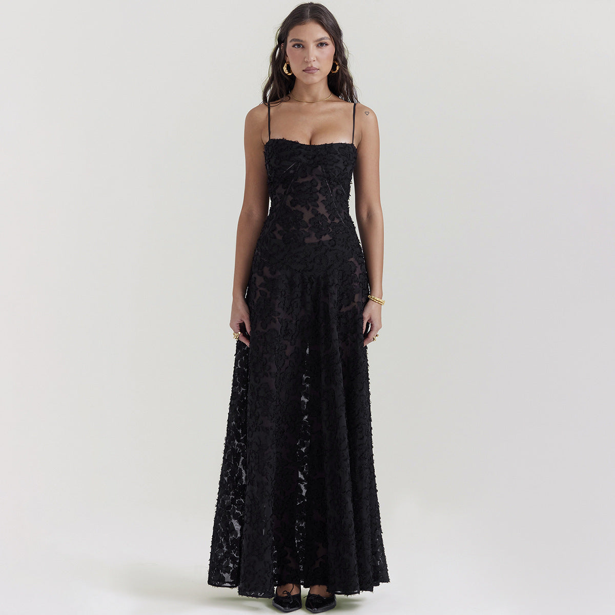 Suspender Lace Long Dress With Strapless Collar