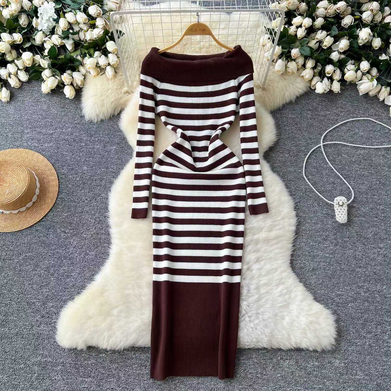 Elegant Slim-fit Sheath Stripes Knitted Dress