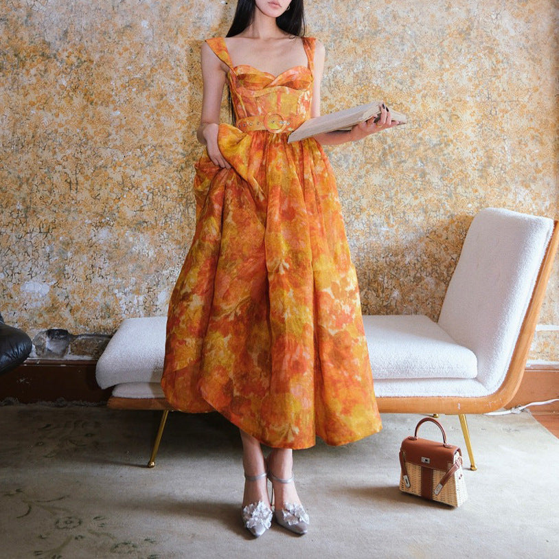 Orange Retro Print Slip Dress With High Waist Silhouette