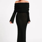 French-Style One-Shoulder Knitted Long-Sleeved Dress