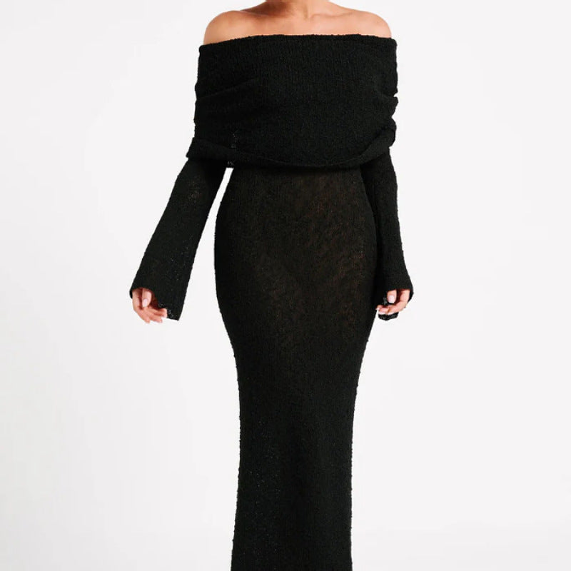French-Style One-Shoulder Knitted Long-Sleeved Dress